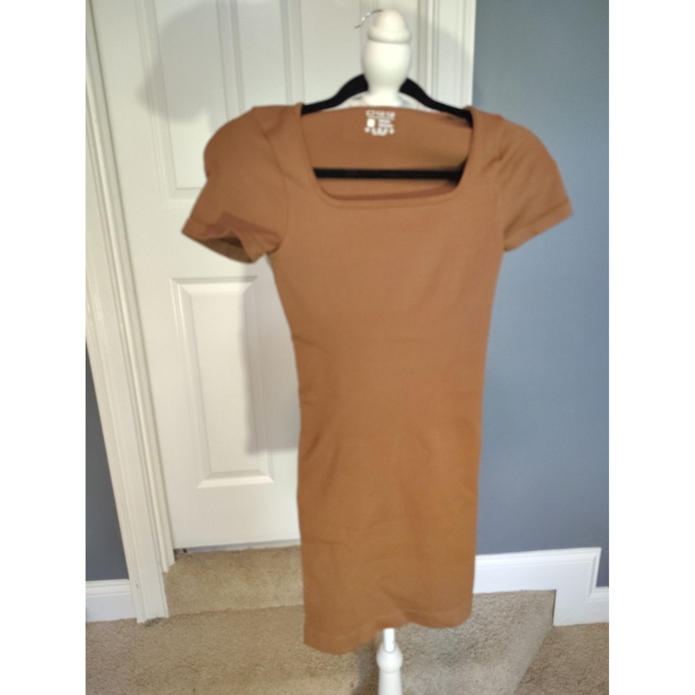 OQQ Brown Ribbed Square Neck Bodycon Mini Dress Short Sleeve Small